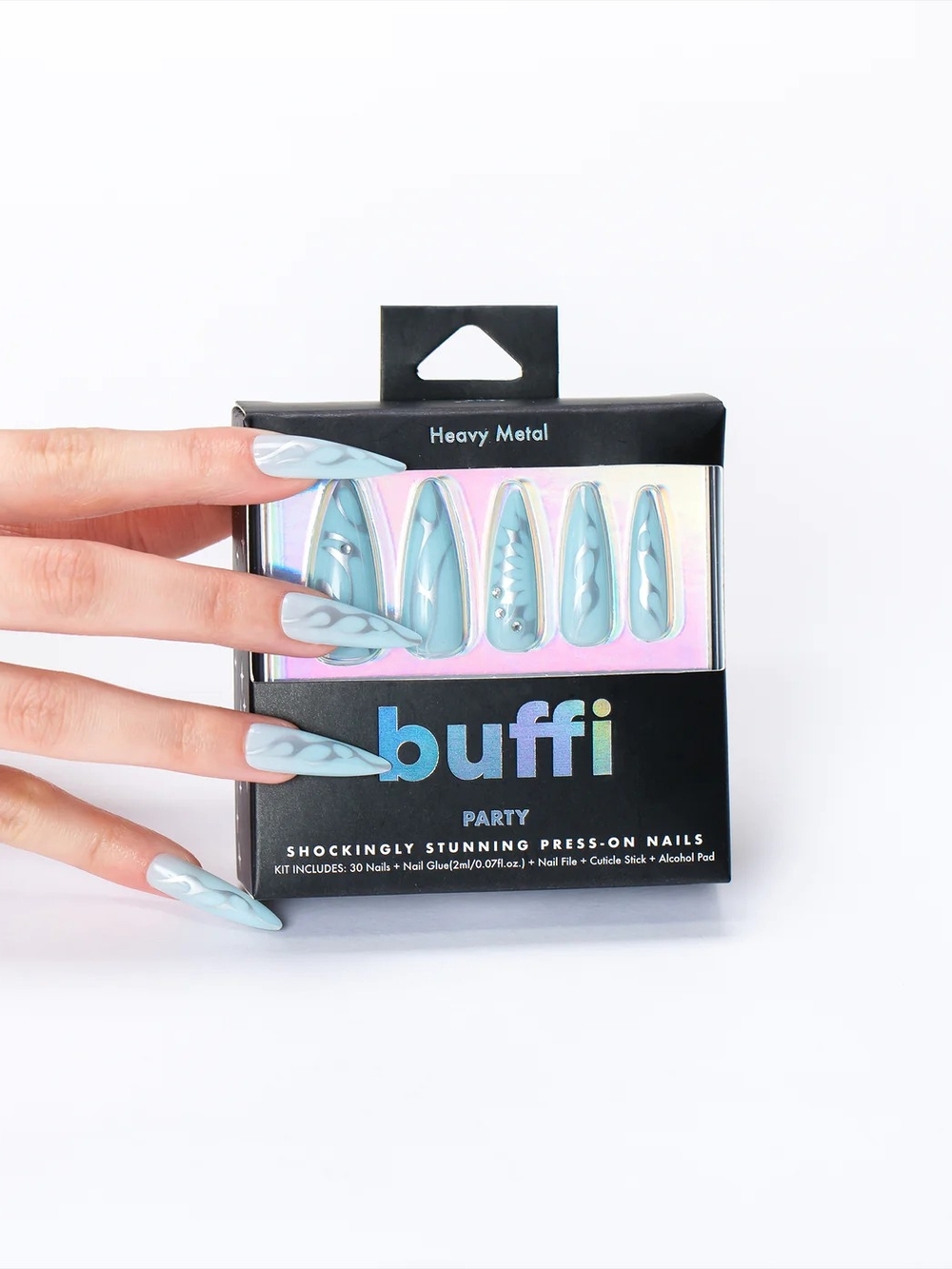 Buffi Light Blue Stiletto Press-On Nails with Swirl & Rhinestones